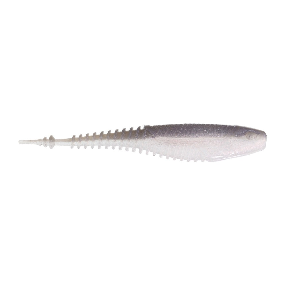 The Rapala Crush City Freeloader by Rapala is a soft plastic jerkbait shaped like a small fish, mostly translucent white with a darker back, featuring a slender, ribbed body and narrow tail for irresistible trailer action.