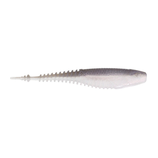The Rapala Crush City Freeloader by Rapala is a soft plastic jerkbait shaped like a small fish, mostly translucent white with a darker back, featuring a slender, ribbed body and narrow tail for irresistible trailer action.