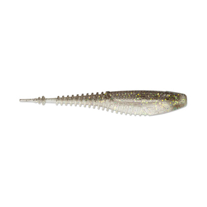 The Rapala Crush City Freeloader by Rapala is a translucent soft plastic lure with a ribbed body, tapered tail, and silver-gold glitter, offering fish-like action and Tail-Kicking Trailer Action for freshwater fishing.