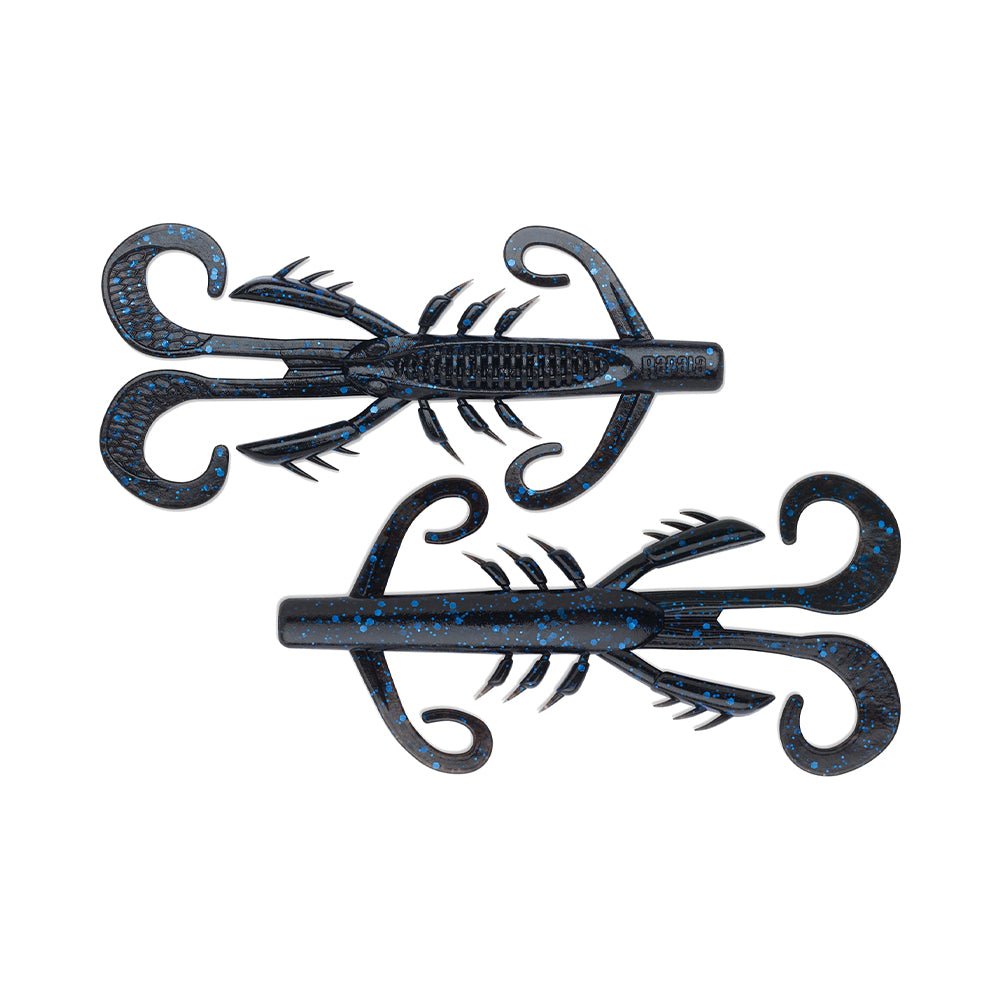 The Rapala Crush City HedgeHog by Rapala features two black plastic bodies with blue speckles. These small-profile creature baits, designed for fishing, have curled appendages like claws and segmented bodies that enhance their ability to attract fish.