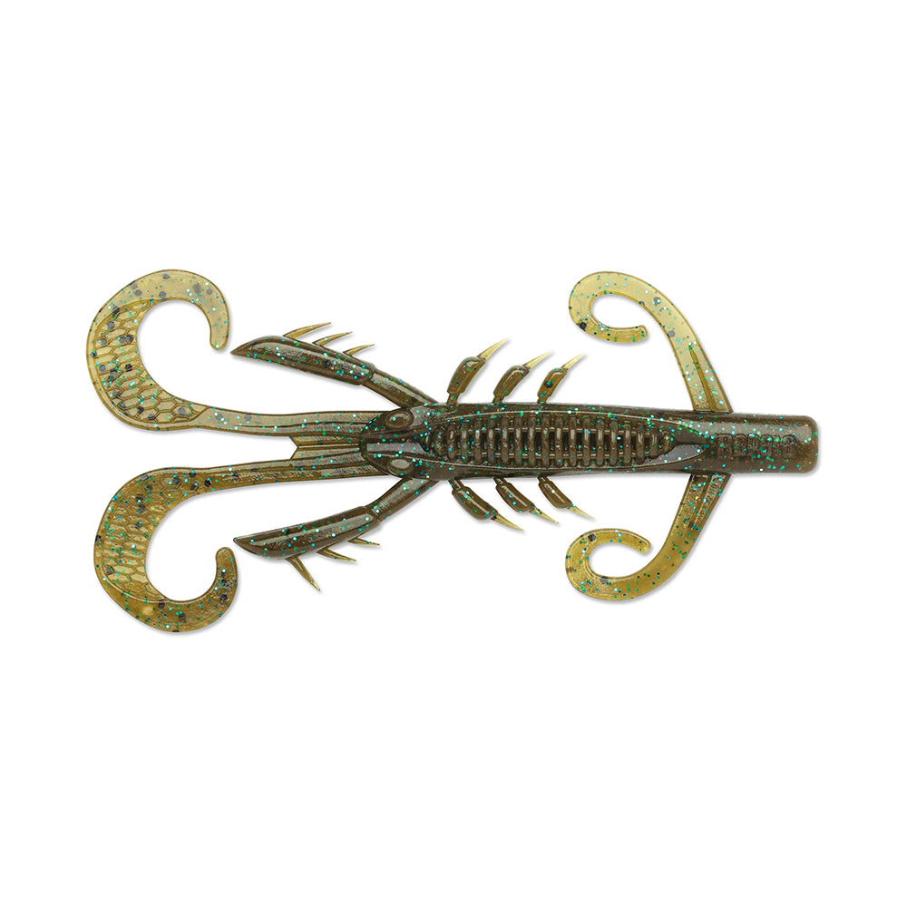 The Rapala Crush City HedgeHog lure by Rapala features a compact size with a green and brown design, simulating a crawfish with multiple appendages and claws to effectively deceive fish.