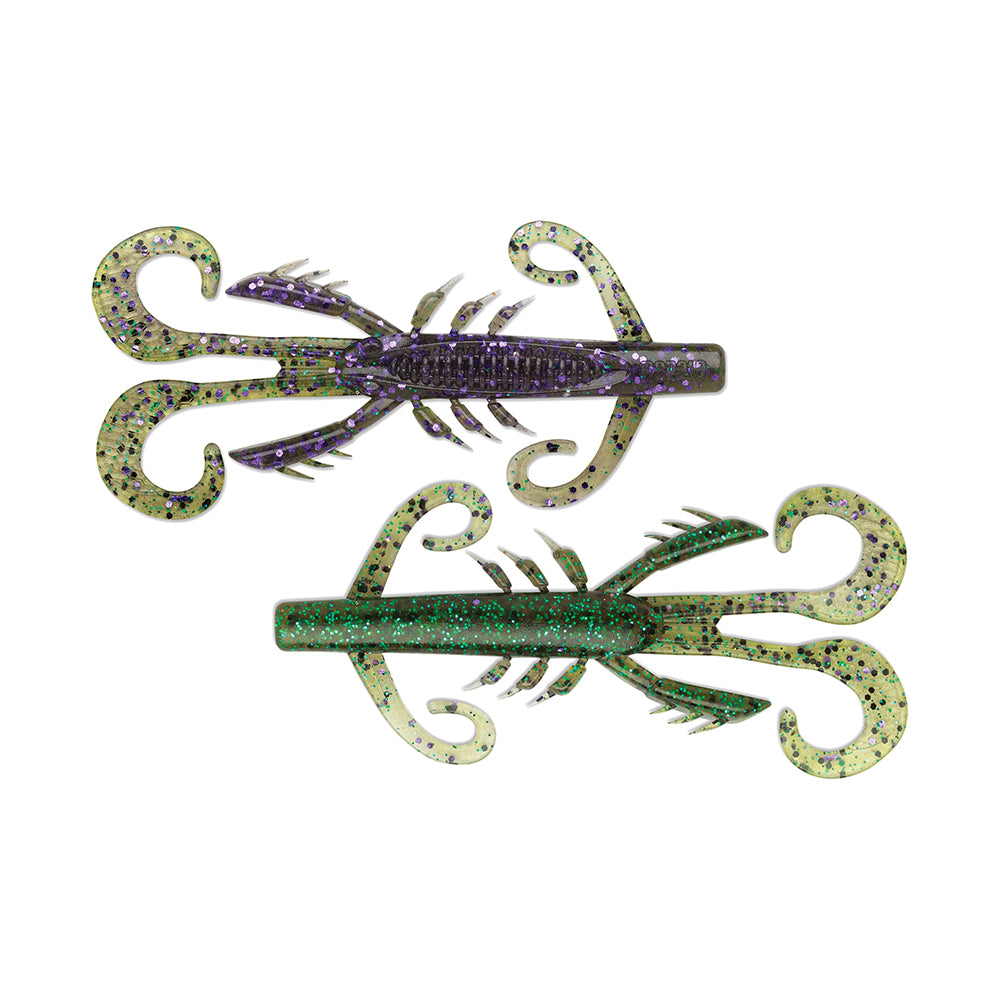 Two Rapala Crush City HedgeHog soft plastic fishing lures, one purple with black speckles and the other green with black speckles, feature a small profile, curled appendages, and a segmented body design. These lures are positioned parallel for greater impact.