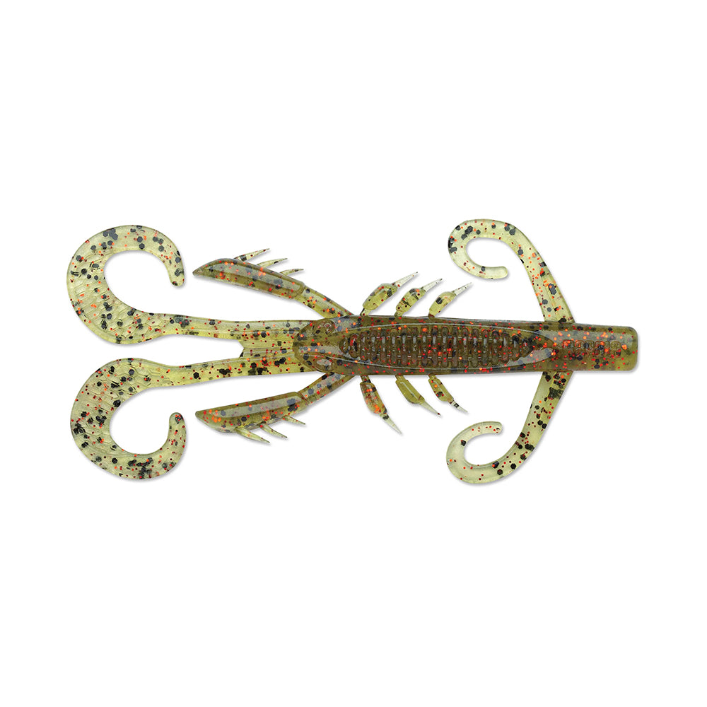 Introducing the Rapala Crush City HedgeHog, a realistic crayfish-inspired fishing lure from Rapala featuring multiple legs, claws, curled tail ends, and a mottled green and brown body with black spots for high impact in a compact size.