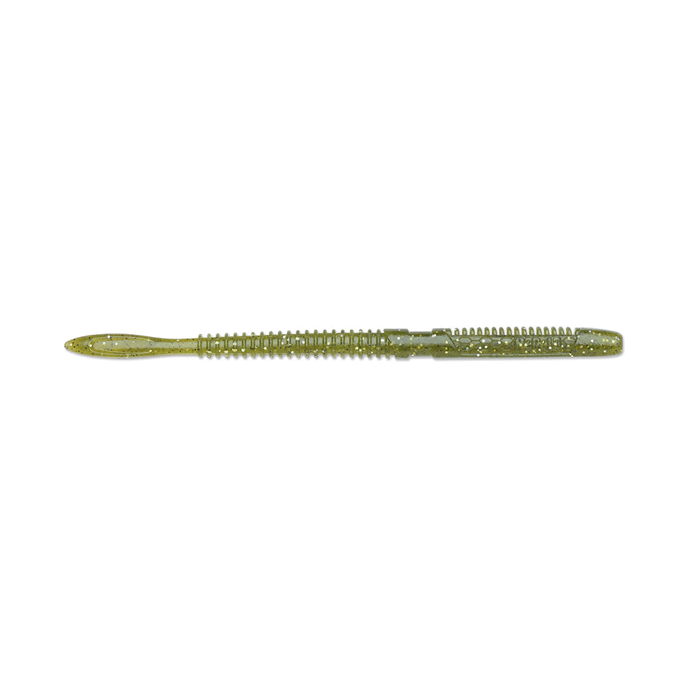 The Rapala Crush City Janitor Worm is a green, ribbed fishing lure with a slim, elongated shape and speckled texture. It has a paddle tail at one end and is designed to mimic a worm or small fish, tackling tough underwater tasks to attract your next big catch.