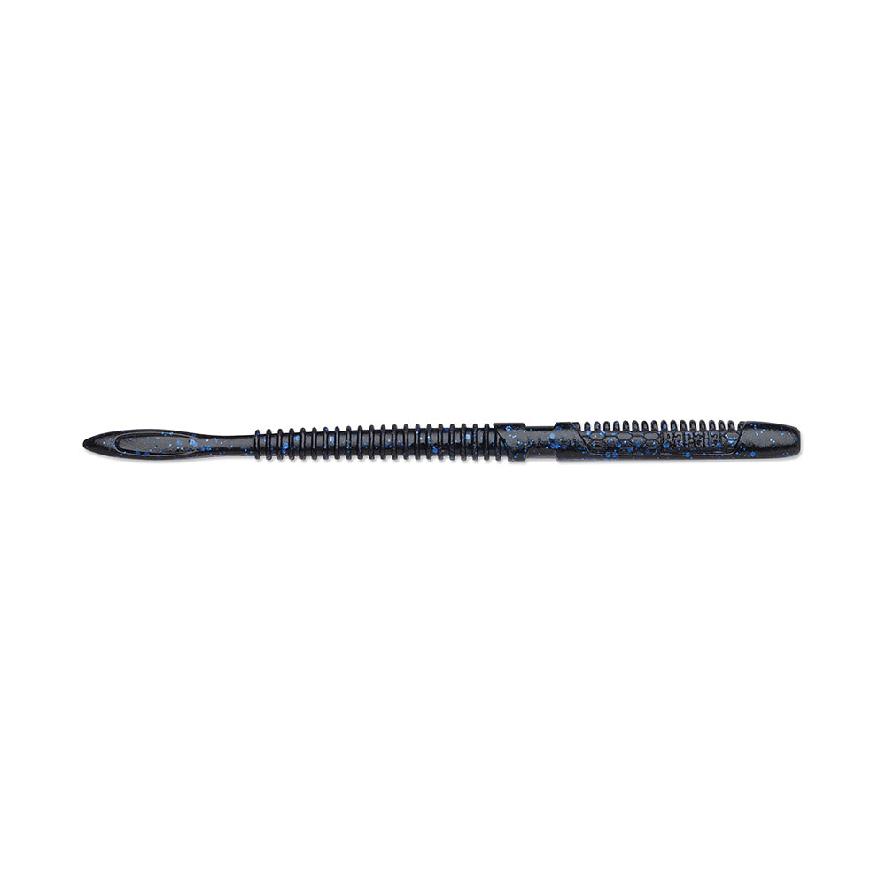 The Rapala Crush City Janitor Worm, a dark blue soft plastic fishing lure with a ribbed texture and paddle tail, is horizontally positioned against a plain white background, ready to tackle tough tasks like a fearless worm.
