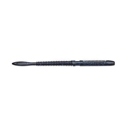 The Rapala Crush City Janitor Worm, a dark blue soft plastic fishing lure with a ribbed texture and paddle tail, is horizontally positioned against a plain white background, ready to tackle tough tasks like a fearless worm.