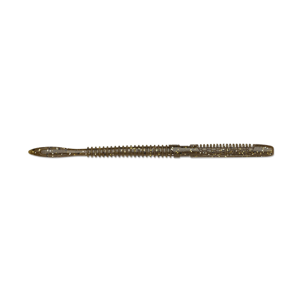 The Rapala Crush City Janitor Worm, a segmented and ribbed brown lure with metallic flecks, features a tapered end for tough tasks. It mimics the movement of a fearless worm, providing fishing experts with a realistic appearance.