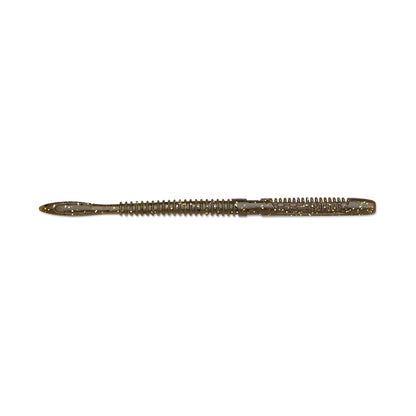 The Rapala Crush City Janitor Worm, a segmented and ribbed brown lure with metallic flecks, features a tapered end for tough tasks. It mimics the movement of a fearless worm, providing fishing experts with a realistic appearance.