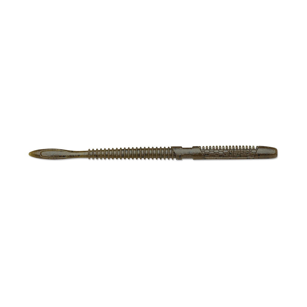 The Rapala Crush City Janitor Worm is a brown, segmented fishing lure with a pointed tail and rounded tip, featuring a ribbed body for extra texture. Perfect for tough fishing tasks, it's shown against a plain white background.