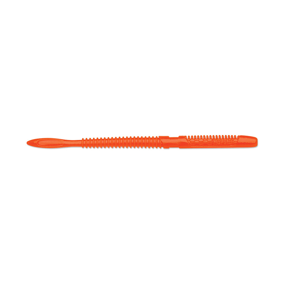 The Rapala Crush City Janitor Worm, an orange plastic tool with a ribbed handle and slightly curved edge, is designed to tackle the toughest tasks of oral hygiene, isolated on a white background.
