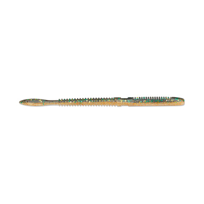 The Rapala Crush City Janitor Worm is a vibrant soft plastic lure, featuring a ribbed body and paddle tail. It resembles a bold worm with a shimmering, speckled pattern of green, brown, and yellow to mimic baitfish. Displayed horizontally against a white background, it's ideal for fishing.