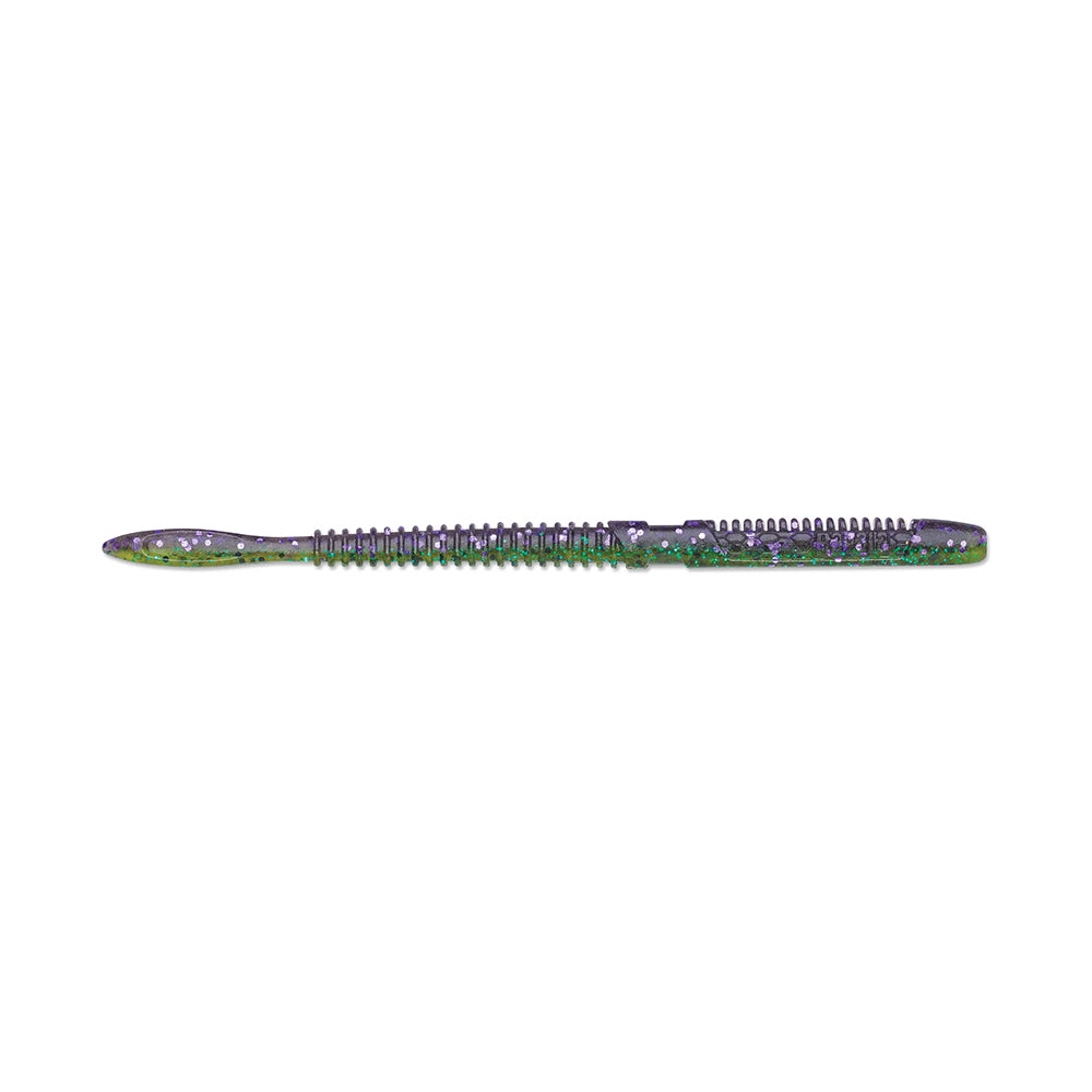 The Rapala Crush City Janitor Worm, ribbed and glittery in green and purple, is poised on a white background, ready to tackle the toughest fishing tasks.