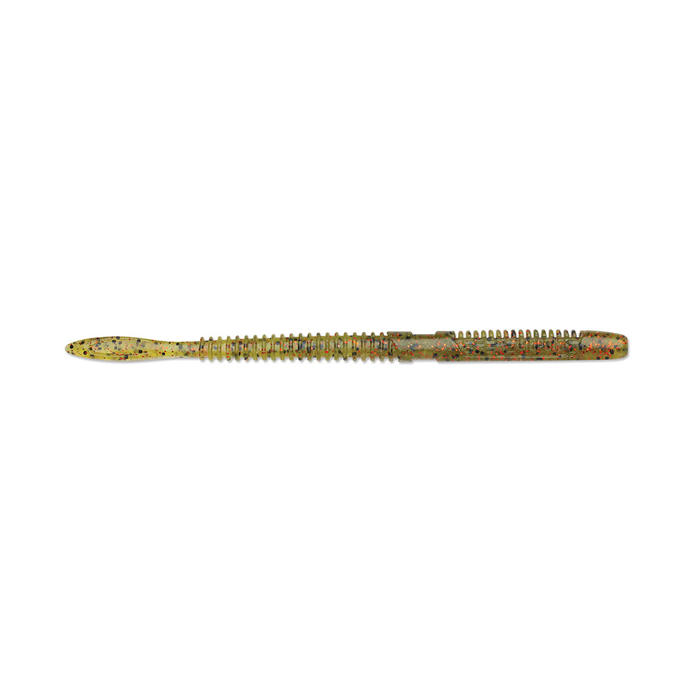 The Rapala Crush City Janitor Worm, a segmented fishing lure designed in a greenish-yellow shade with black speckles and orange hints, features a ribbed texture. Displayed against a white backdrop, it's perfect for handling tough underwater tasks.