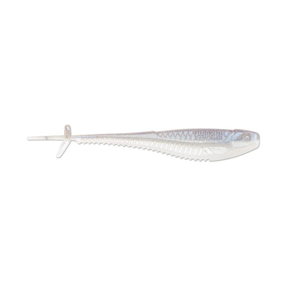 Image of a translucent Rapala Crush City Mooch Minnow fishing lure shaped like a small fish. This swimbait, by Rapala, features a ribbed body, paddle tail, and small fin on top. Its subtle iridescent sheen enhances its realistic appearance.