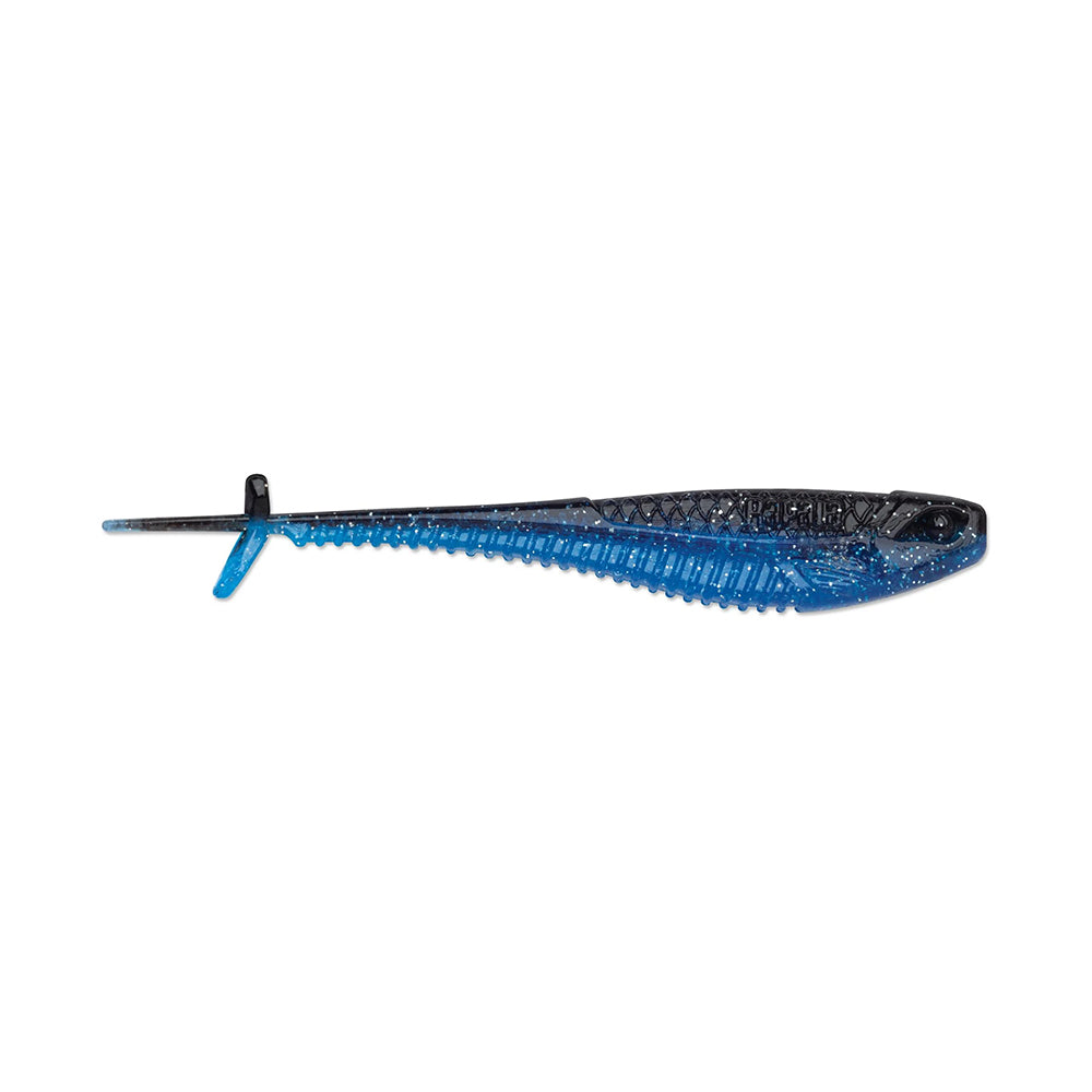 The Rapala Crush City Mooch Minnow by Rapala is a fish-shaped swimbait lure with a dark back, scales, and a blue translucent underside. Its ribbed body and small fin details make it an irresistible choice for anglers.