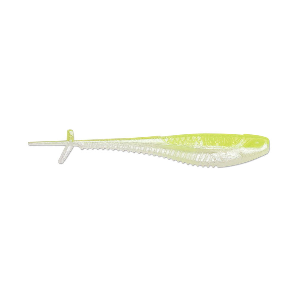 Introducing the Rapala Crush City Mooch Minnow: a translucent, soft plastic lure with a ribbed body, featuring a bright yellow top and clear bottom. Its forked tail and streamlined shape expertly mimic small baitfish.