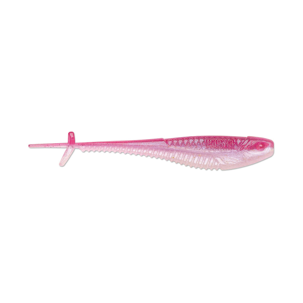 The Rapala Crush City Mooch Minnow swimbait from Rapala is a pink, translucent rubber lure with a ribbed body, tapered tail with fin extension, and fish-like head designed to mimic real aquatic life.