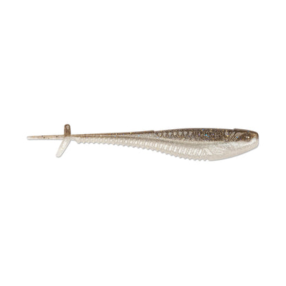 The Rapala Crush City Mooch Minnow by Rapala is a soft plastic swimbait featuring a fish shape, slim body, and textured detailing. Its beige color with metallic sheen and split tail design effectively mimic a small baitfish.