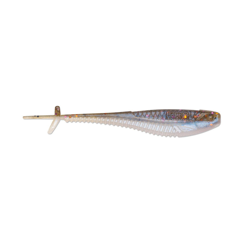 A close-up of the translucent Rapala Crush City Mooch Minnow swimbait, shaped like a small fish with a ribbed body, forked tail, and reflective multicolored finish that dazzles underwater.