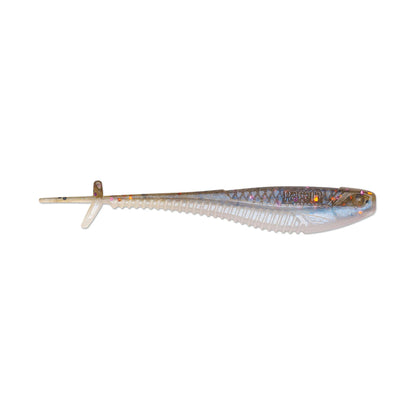 A close-up of the translucent Rapala Crush City Mooch Minnow swimbait, shaped like a small fish with a ribbed body, forked tail, and reflective multicolored finish that dazzles underwater.
