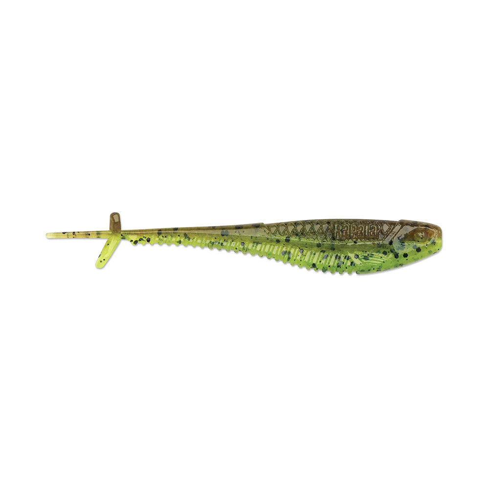 The Rapala Crush City Mooch Minnow by Rapala is a green and brown soft plastic swimbait shaped like a small fish, featuring a slender body with textured scales and a small tail fin to mimic baitfish.
