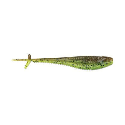 The Rapala Crush City Mooch Minnow by Rapala is a green and brown soft plastic swimbait shaped like a small fish, featuring a slender body with textured scales and a small tail fin to mimic baitfish.