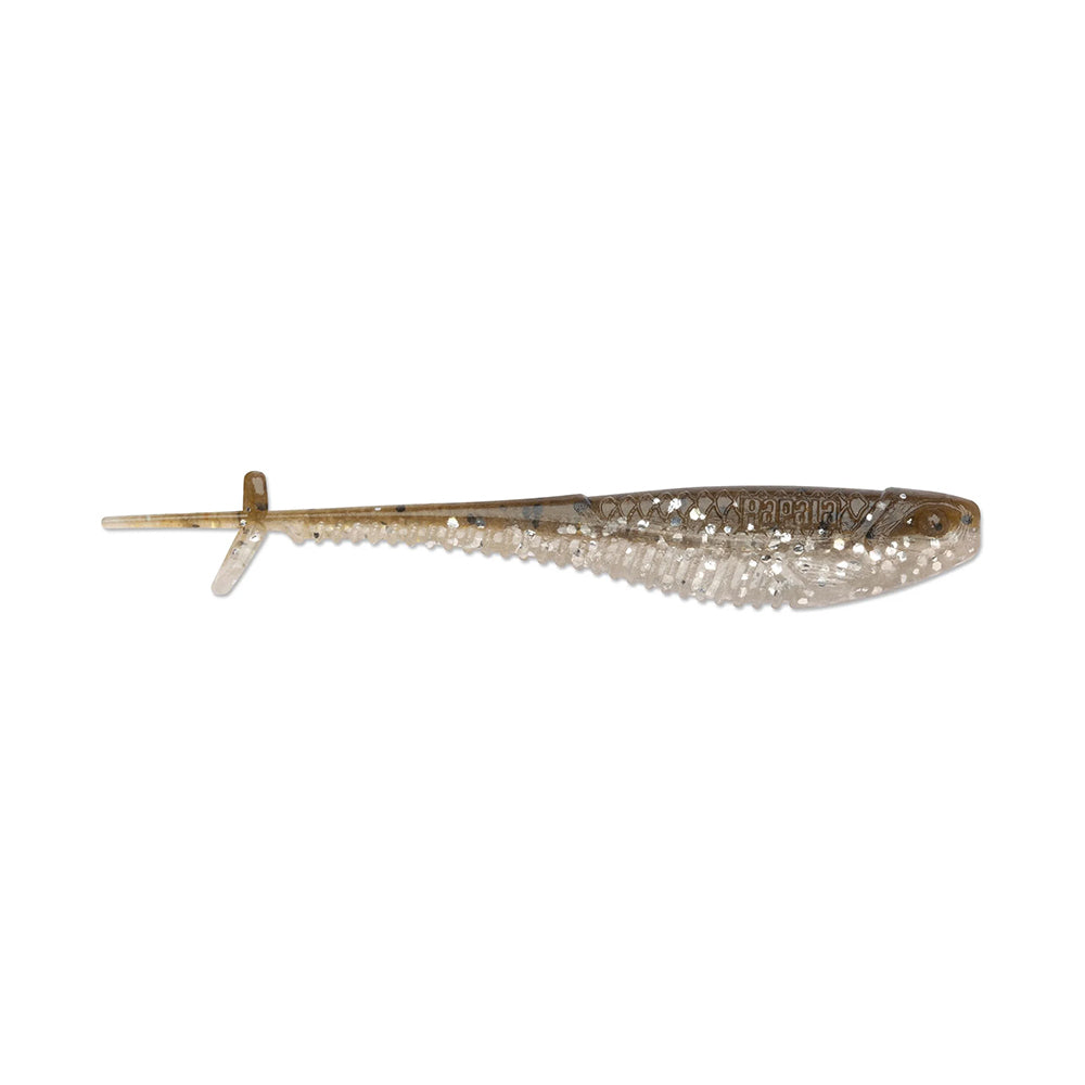 The Rapala Crush City Mooch Minnow is a translucent swimbait with speckled details, a tapered body, fin, and tail, designed by Rapala to mimic real prey and attract fish.