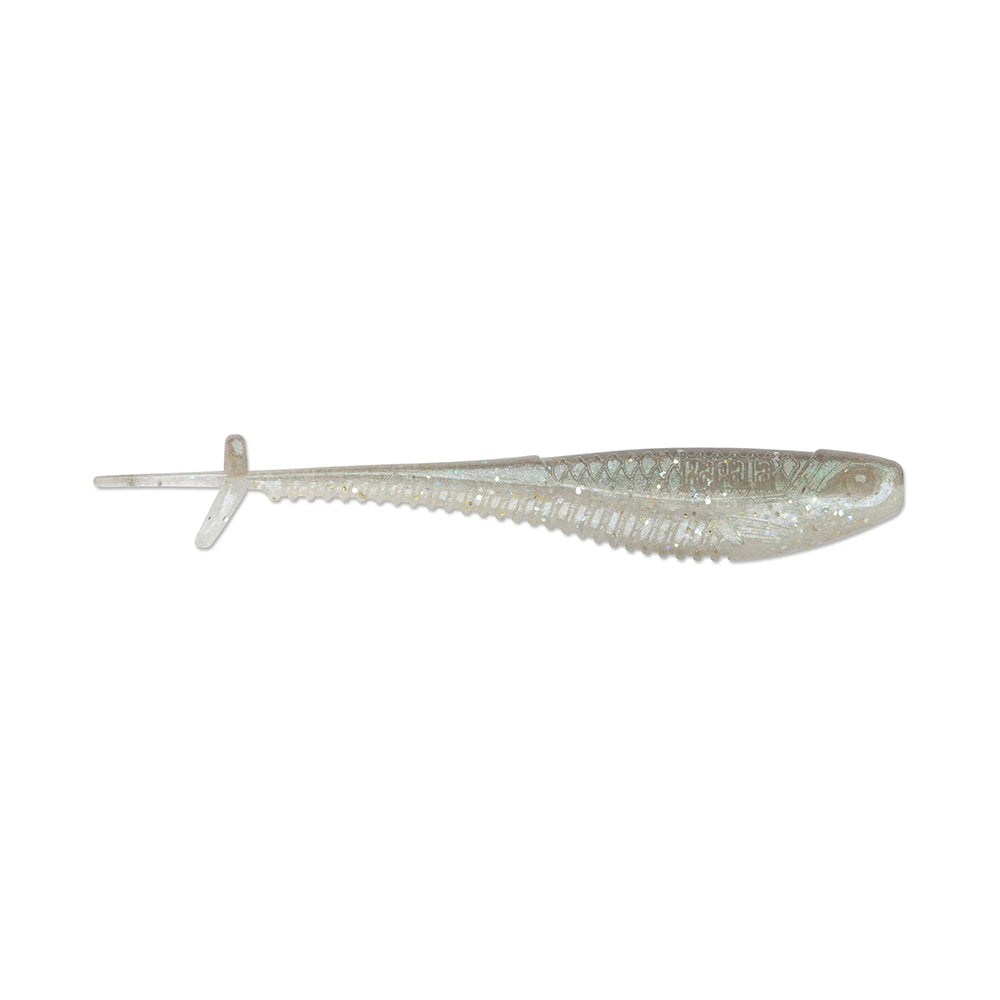 The Rapala Crush City Mooch Minnow lure, designed by Rapala, is a translucent swimbait shaped like a small fish. With its ribbed body, forked tail, and embedded shimmering particles, it enhances your angling experience with captivating allure.