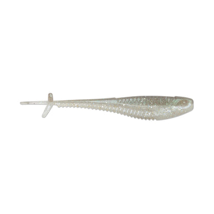 The Rapala Crush City Mooch Minnow lure, designed by Rapala, is a translucent swimbait shaped like a small fish. With its ribbed body, forked tail, and embedded shimmering particles, it enhances your angling experience with captivating allure.
