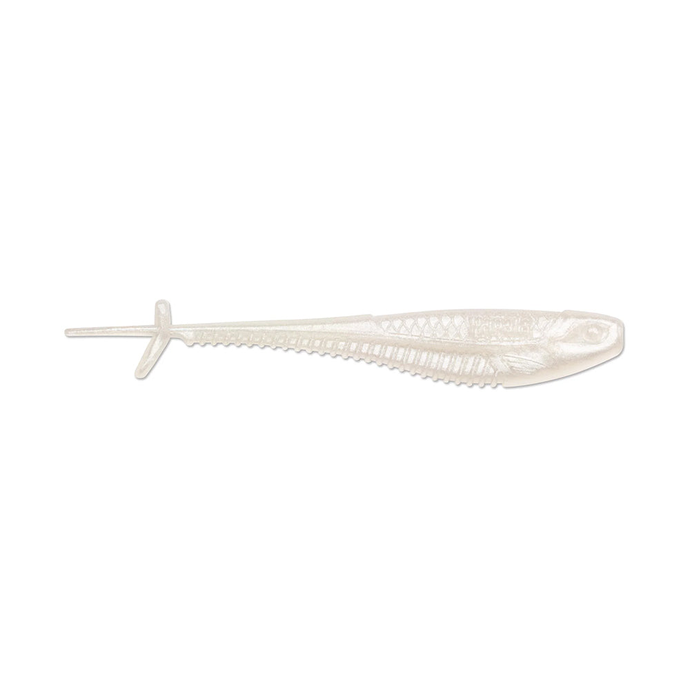 The Rapala Crush City Mooch Minnow, a translucent swimbait with a ribbed body and forked tail, mimics a small fish. This lure from Rapala lies elegantly on a plain white background, poised to attract today's catch.