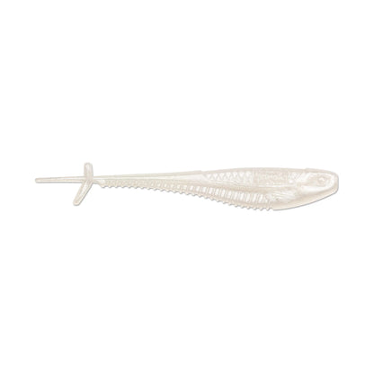 The Rapala Crush City Mooch Minnow, a translucent swimbait with a ribbed body and forked tail, mimics a small fish. This lure from Rapala lies elegantly on a plain white background, poised to attract today's catch.
