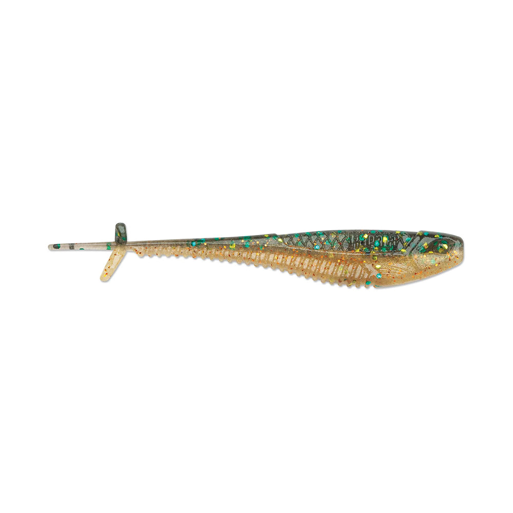 The Rapala Crush City Mooch Minnow is a lifelike swimbait with a textured body, green and gold speckles, a distinct tail fin, and a two-tone design featuring a dark back and light underbelly—perfect for fishing enthusiasts.