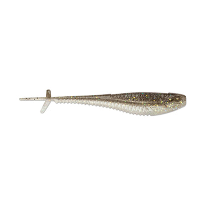The Rapala Crush City Mooch Minnow by Rapala is a translucent, fish-shaped swimbait with speckled glitter, featuring a ribbed body and paddle tail. This expertly designed soft lure is showcased against a pristine white background.