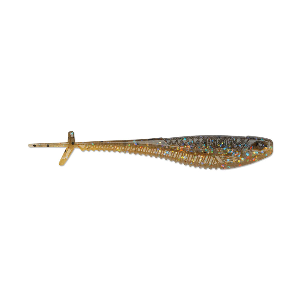 The Rapala Crush City Mooch Minnow is a fishing lure by Rapala that mimics a small fish, featuring a textured translucent body with gold and rainbow specks, fin-like extensions, and a tail for realistic motion—ideal for swimbait enthusiasts.