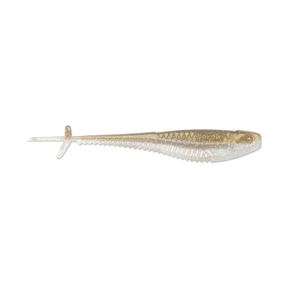 The Rapala Crush City Mooch Minnow is a translucent, soft plastic swimbait with a ribbed body and slender, tapered tail that imitates a baitfish. Its metallic gold hue enhances its lifelike appearance.