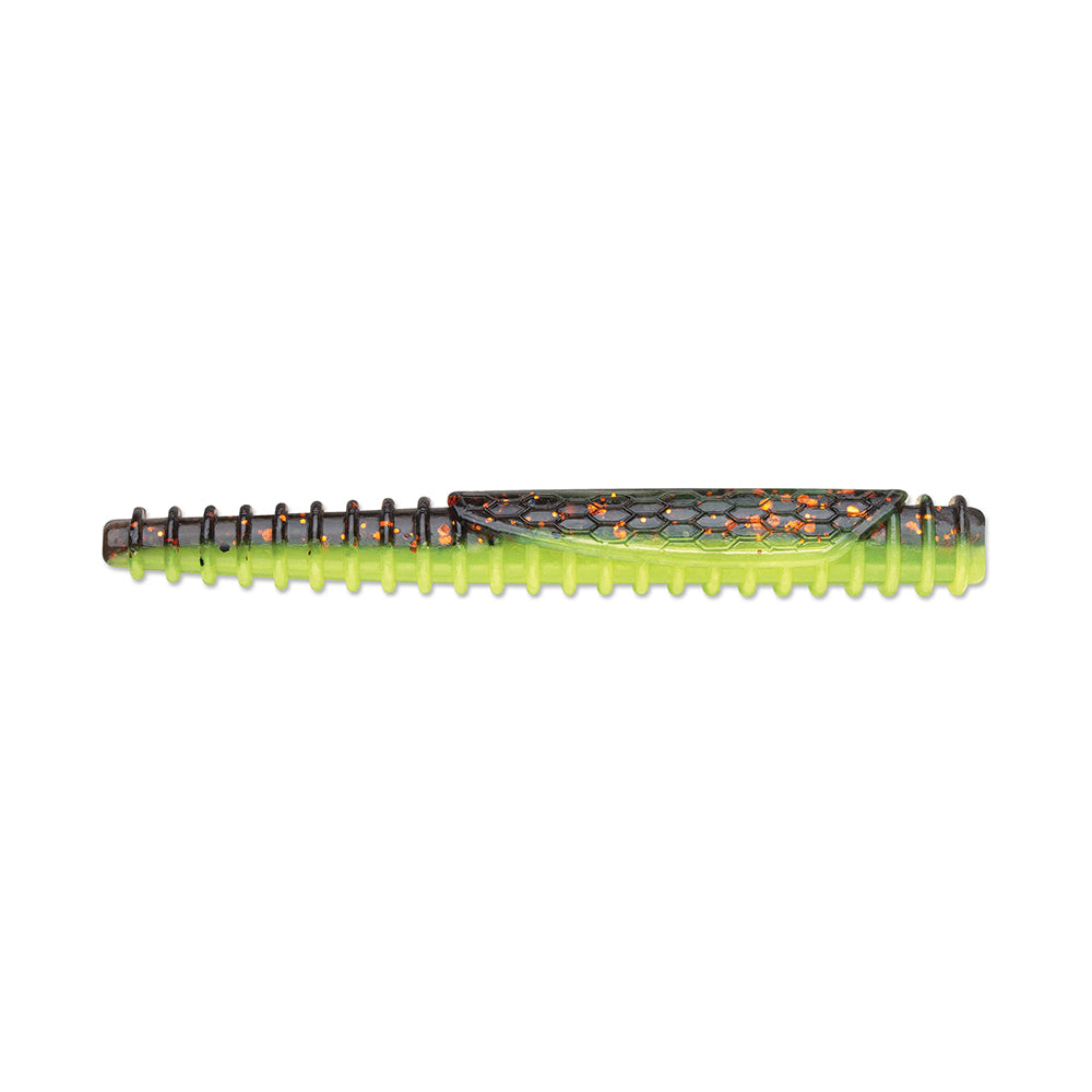 The Rapala Crush City Ned BLT fishing lure, made from TPE, has a ribbed, segmented body with a green underside and a scaly top with black and orange segments. It's ideal for bass fishing, resembling a small baitfish or worm.