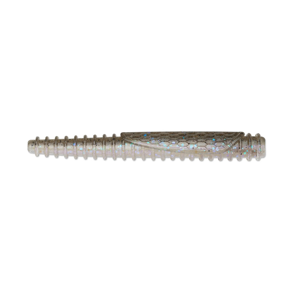 The Rapala Crush City Ned BLT by Rapala is a small, silvery ribbed fishing lure made from TPE material, featuring iridescent scales and a streamlined shape, perfect for attracting fish during bass fishing adventures.