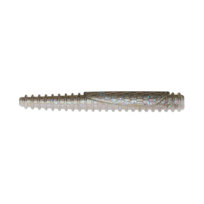 The Rapala Crush City Ned BLT by Rapala is a small, silvery ribbed fishing lure made from TPE material, featuring iridescent scales and a streamlined shape, perfect for attracting fish during bass fishing adventures.