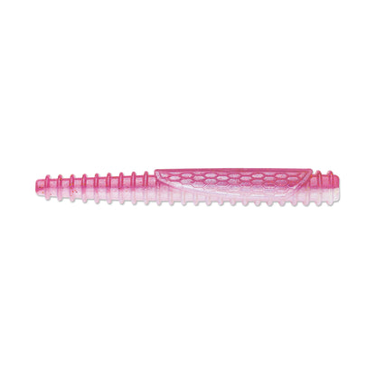 The Rapala Crush City Ned BLT, a pink, textured plastic wall plug made from durable TPE, has a grid-like top pattern and lengthwise ridges for secure screw anchorage in masonry or drywall.