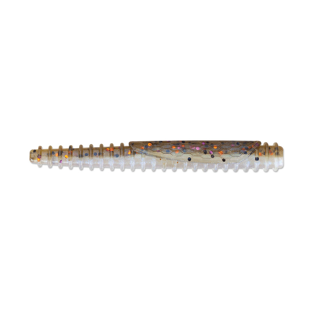 The Rapala Crush City Ned BLT, a soft plastic fishing lure by Rapala, has a segmented ribbed TPE body with a colorful reflective hexagonal pattern. It is translucent with eye-catching colored dots, perfect for bass fishing.