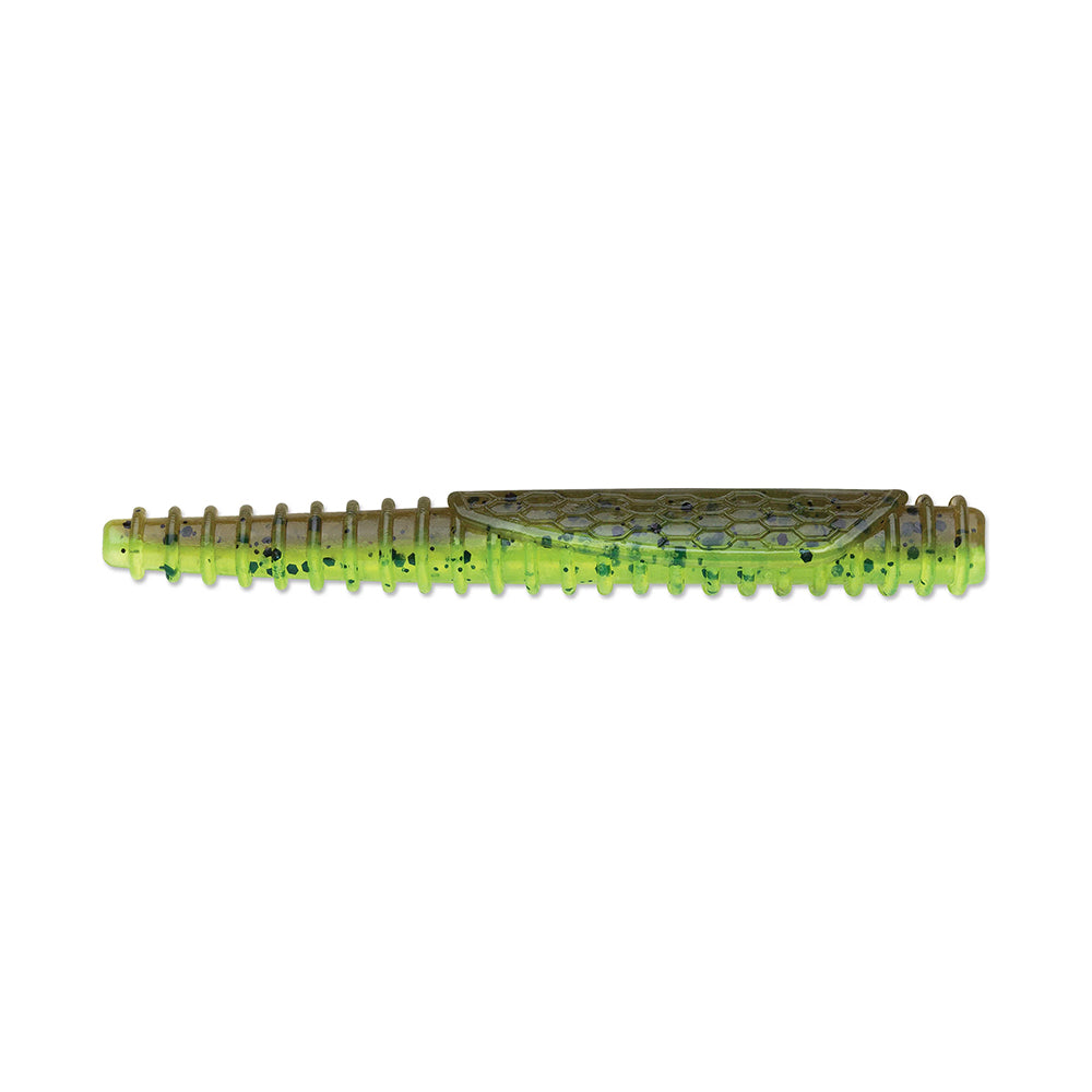 The lime green Rapala Crush City Ned BLT, made from durable TPE, features small black spots and a shiny texture. Its tapered end and realistic details make it perfect for bass fishing enthusiasts looking to mimic aquatic prey with a Ned BLT setup.