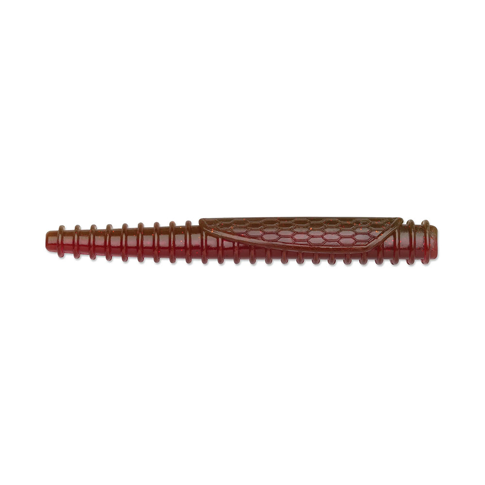 The Rapala Crush City Ned BLT is a red and brown soft plastic fishing lure with a ribbed body and paddle tail, crafted from durable TPE to mimic aquatic creatures, making it perfect for bass fishing fans.