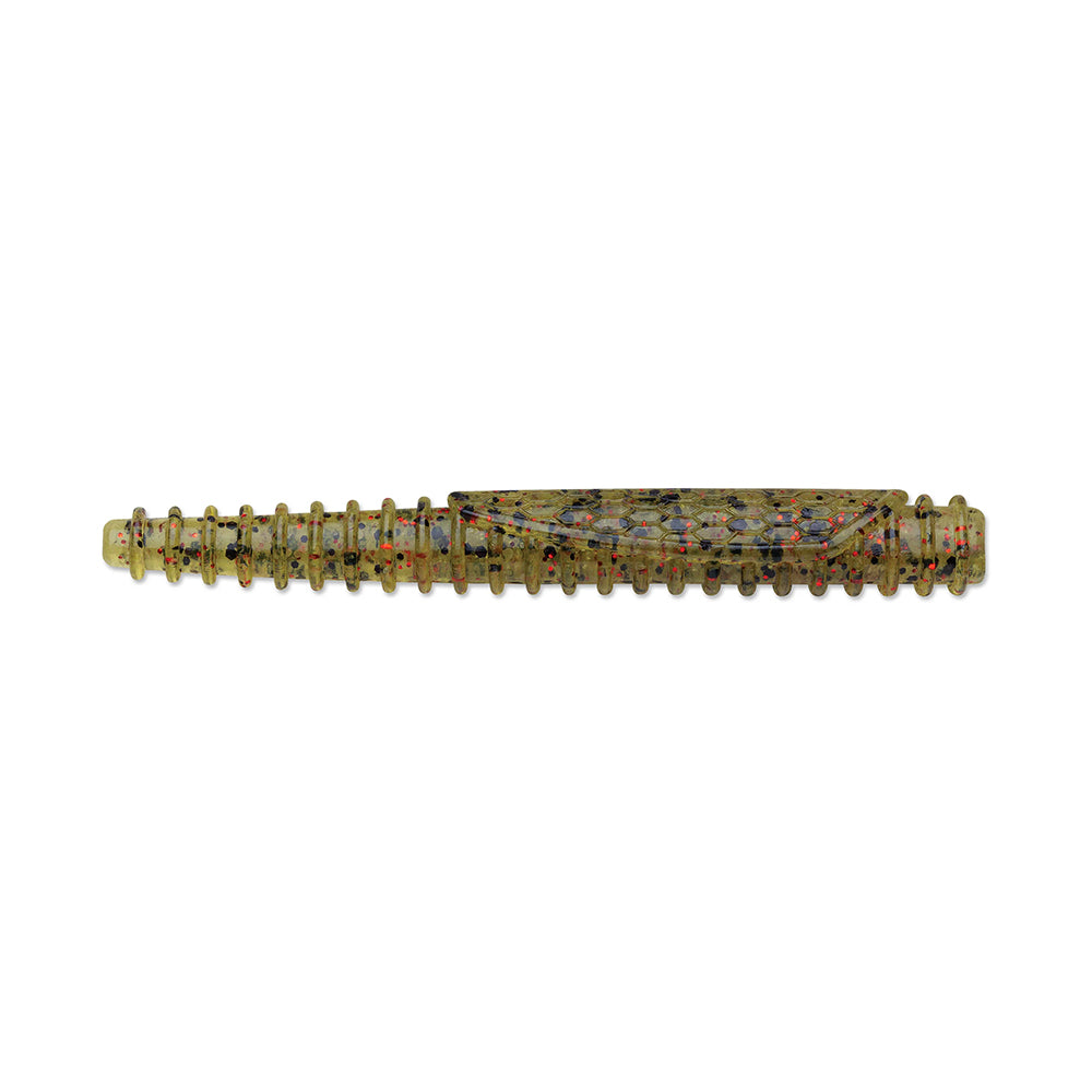 The Rapala Crush City Ned BLT, by Rapala, is a cylindrical spiked club crafted from TPE material. It features a textured surface in light brown with colorful dots and patterns, with evenly spaced small protrusions. Perfect for Ned BLT enthusiasts.