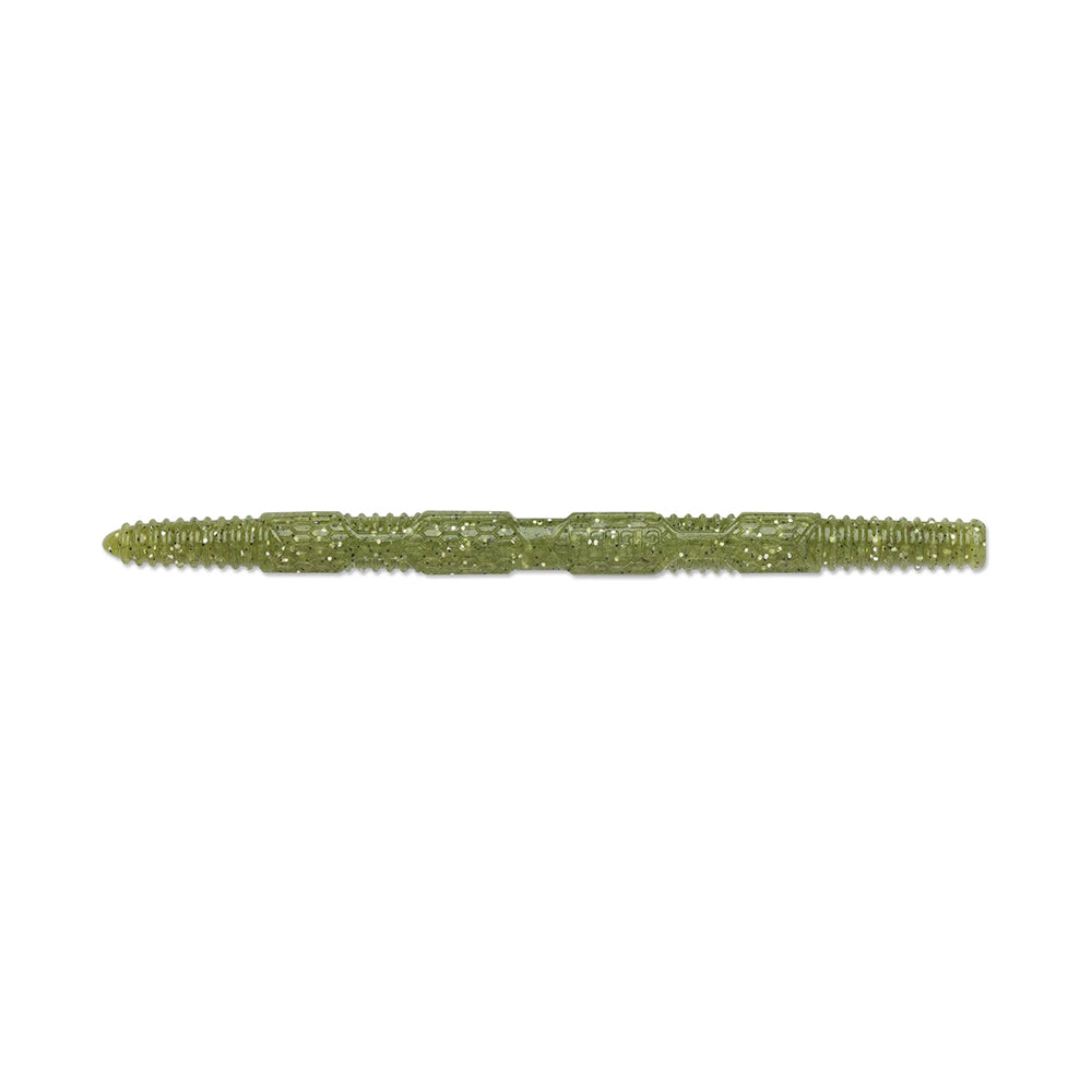 A close-up of the Rapala Crush City Pigstick, a textured, green object with small circular patterns, reminiscent of pencil designs, shown horizontally on a plain white background.
