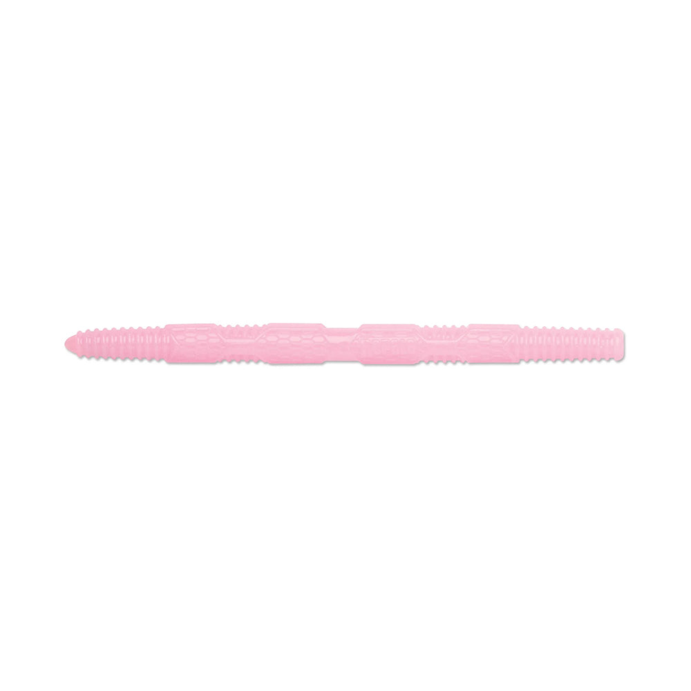 The Rapala Crush City Pigstick, an elongated pink item, features a textured surface with various ridges and sections. Isolated against a plain white background, its unique design is eye-catching.