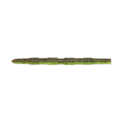 The Rapala Crush City Pigstick by Rapala is a segmented, soft plastic fishing lure in olive green and black. Perfect for bass enthusiasts, its ribbed texture across sections mimics worms or other bait with enticing water movement.