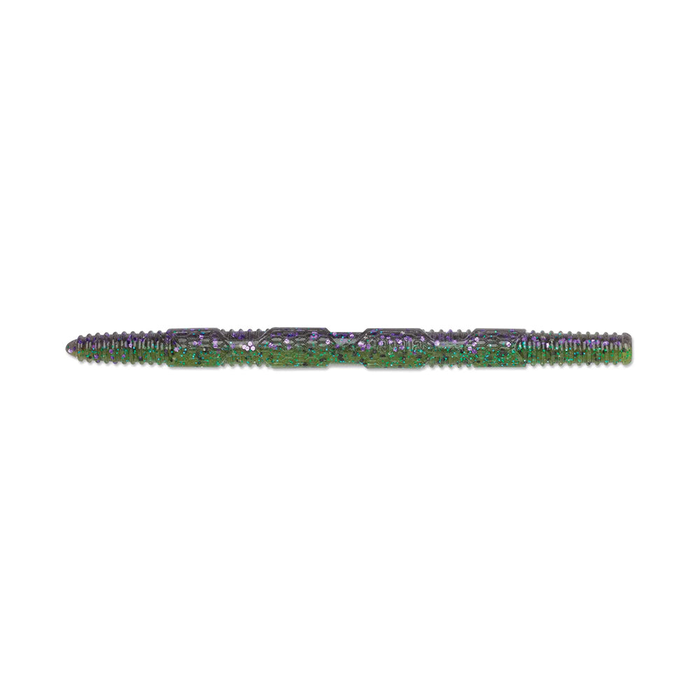 The Rapala Crush City Pigstick by Rapala is a textured, cylindrical object with dark purple and green hues. It features evenly spaced ridges and grooves along its length, with pointed ends adding an intriguing aspect.