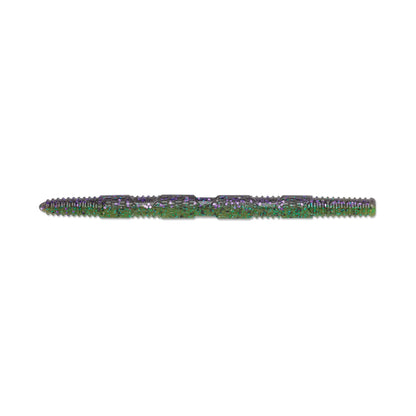The Rapala Crush City Pigstick by Rapala is a textured, cylindrical object with dark purple and green hues. It features evenly spaced ridges and grooves along its length, with pointed ends adding an intriguing aspect.
