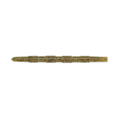 Introducing the Rapala Crush City Pigstick, a textured green fishing lure with small colored specks, crafted to mimic a worm. Its ribbed design and realistic look make it ideal for catching bass, making it an essential tackle box addition for any angler.