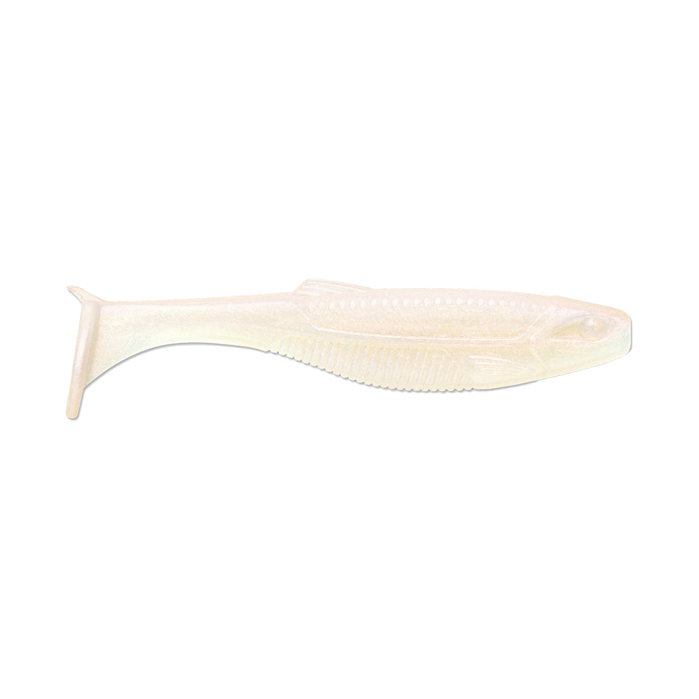 The Rapala Crush City The Mayor Swimbait, crafted by Rapala, is a translucent, soft plastic lure with textured scales and a paddle tail. Expertly shaped like a small fish, it promises to attract big bass on a white background.